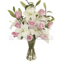 Bouquet di rose rosa e gigli bianchi