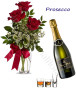Bottiglia di Prosecco con bouquet di 3 Rose Rosse