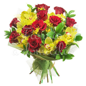 bouquet-rose-rosse-orchidee-gialle-mimosa